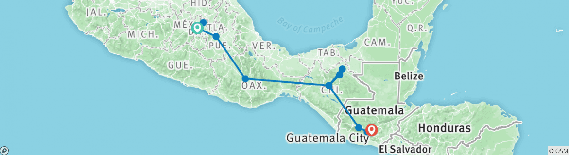 Image of a map showing the route of the tour