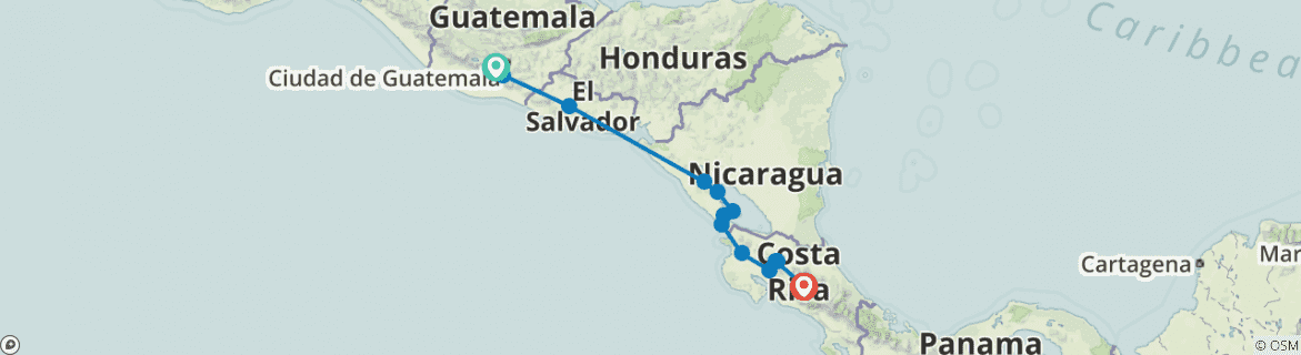 Image of a map showing the route of the tour