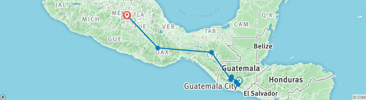 Image of a map showing the route of the tour
