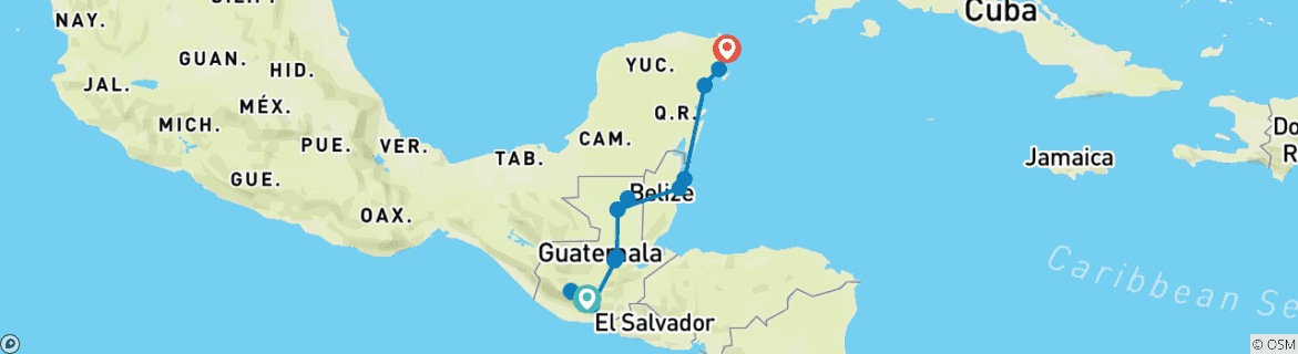 Image of a map showing the route of the tour