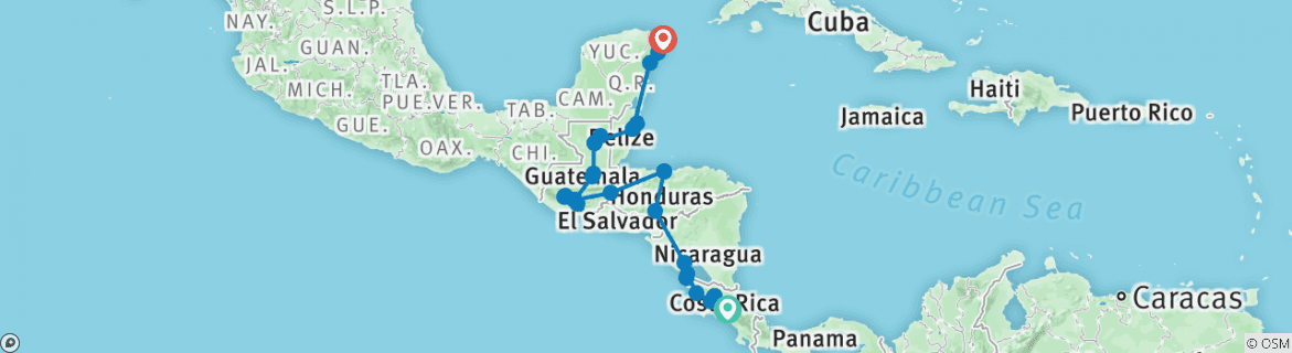 Image of a map showing the route of the tour