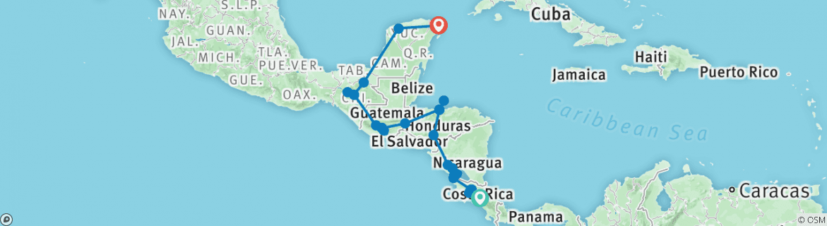 Image of a map showing the route of the tour