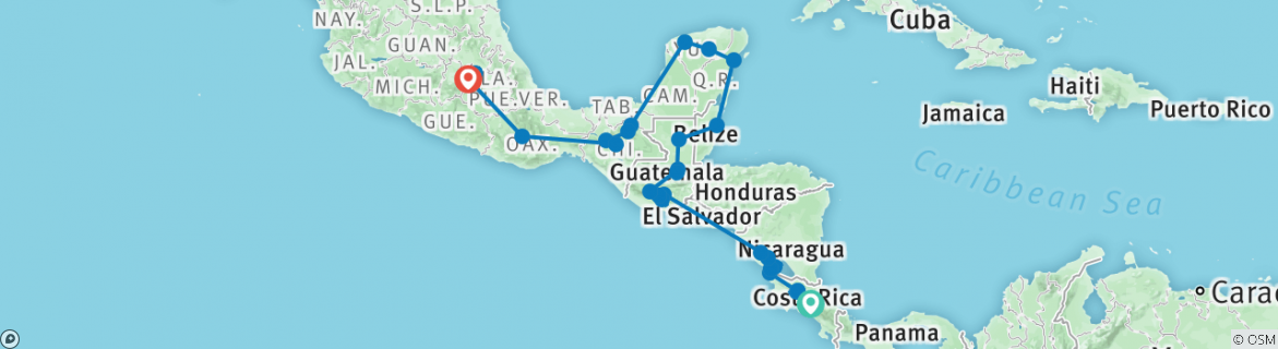 Image of a map showing the route of the tour