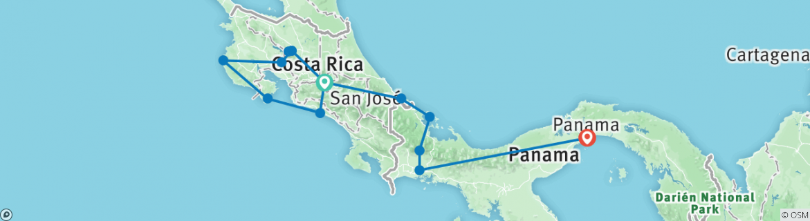 Image of a map showing the route of the tour
