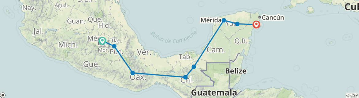 Image of a map showing the route of the tour
