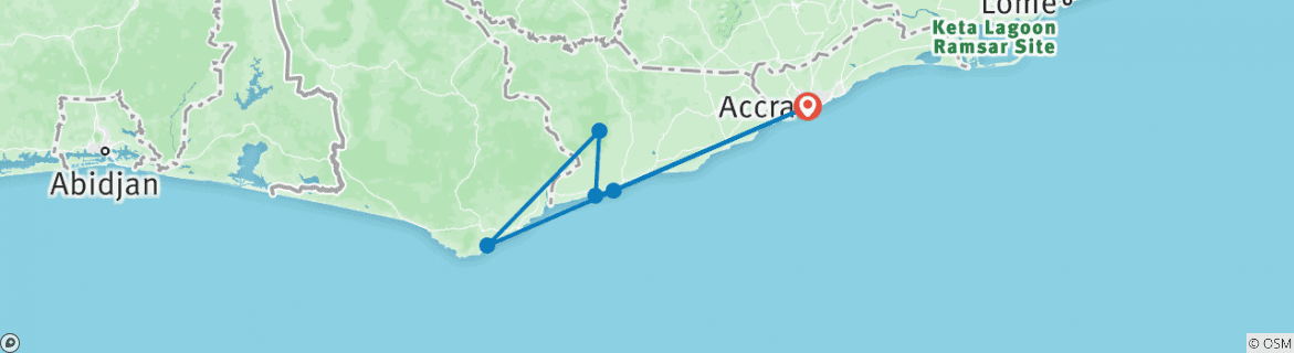 Image of a map showing the route of the tour