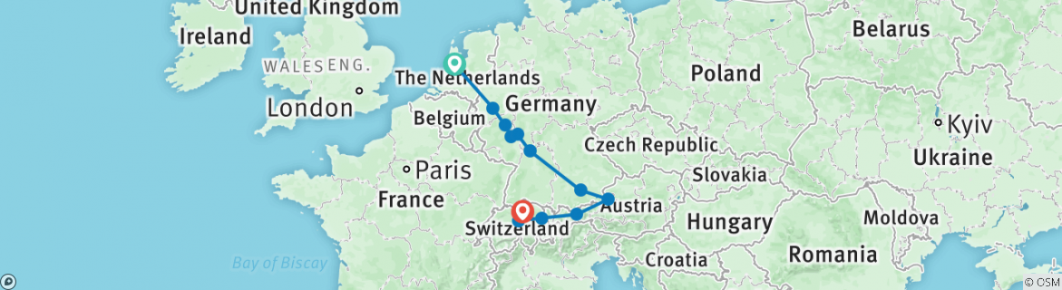 Image of a map showing the route of the tour