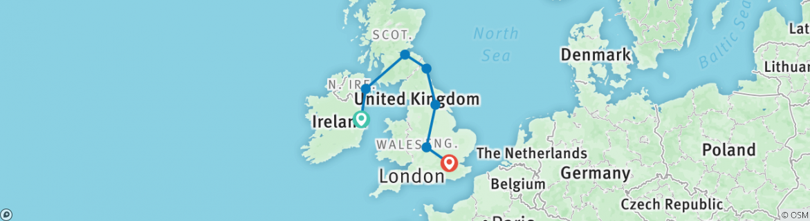 Image of a map showing the route of the tour