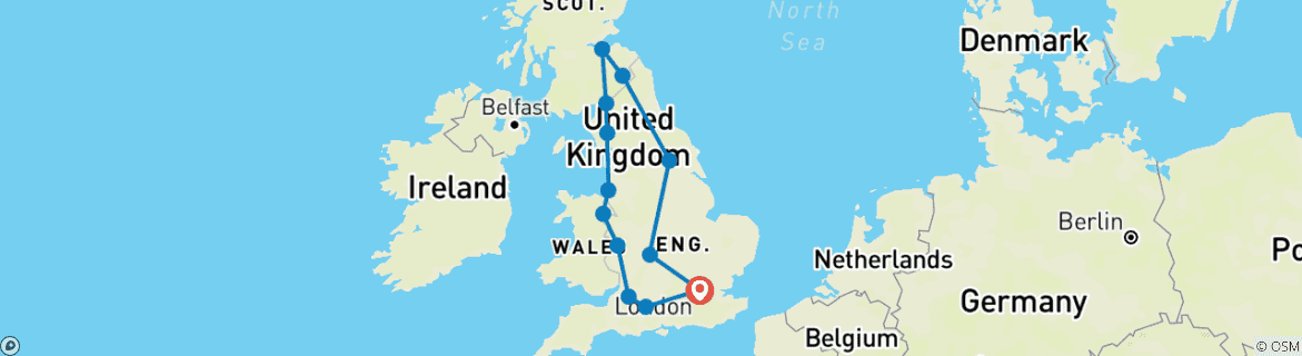 Image of a map showing the route of the tour