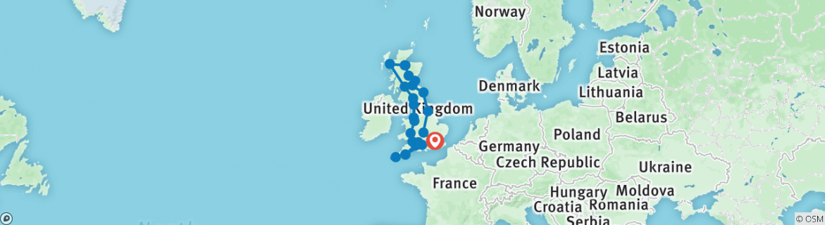 Image of a map showing the route of the tour