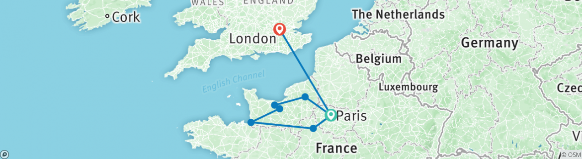 Image of a map showing the route of the tour