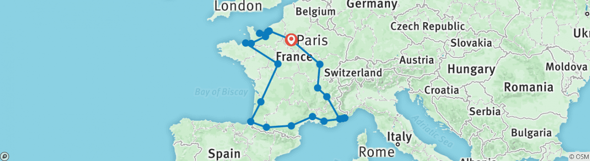 Image of a map showing the route of the tour