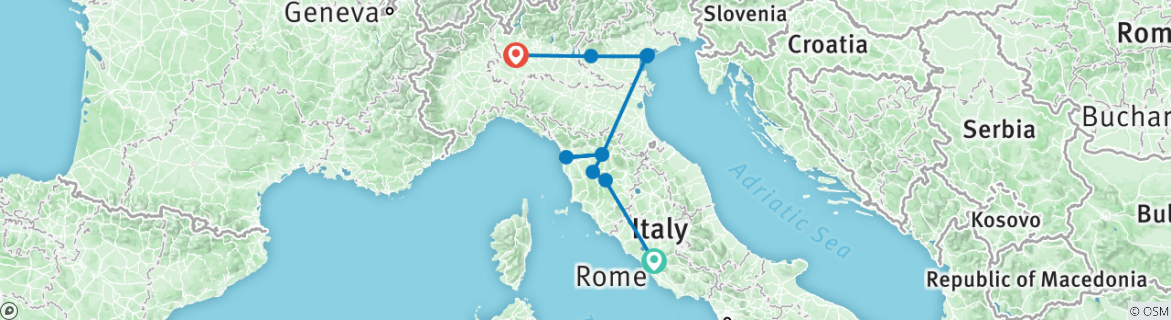 Image of a map showing the route of the tour