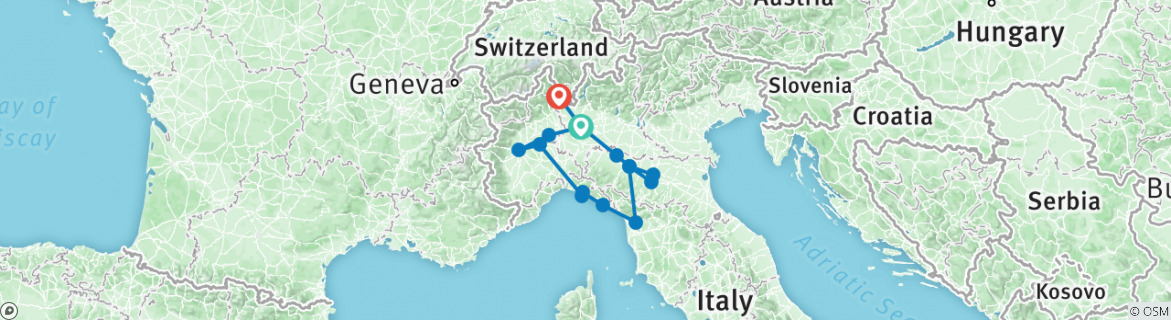 Image of a map showing the route of the tour