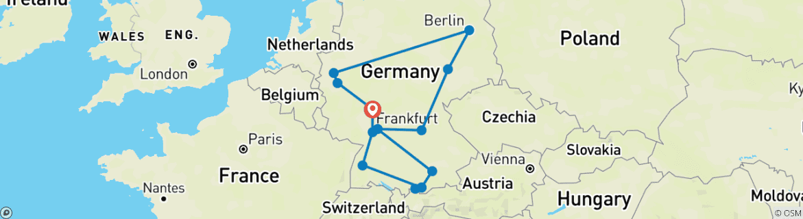 Image of a map showing the route of the tour
