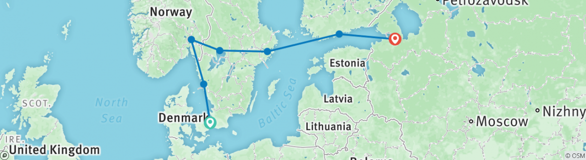 Image of a map showing the route of the tour