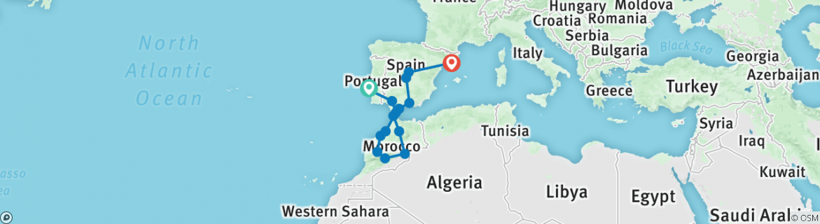 Image of a map showing the route of the tour