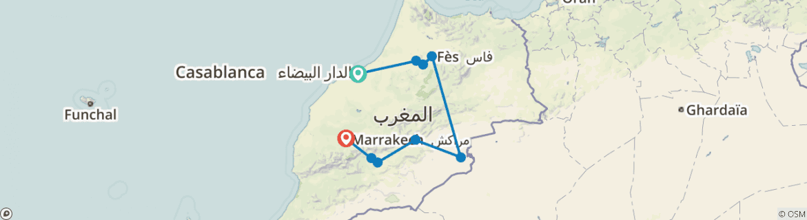 Image of a map showing the route of the tour