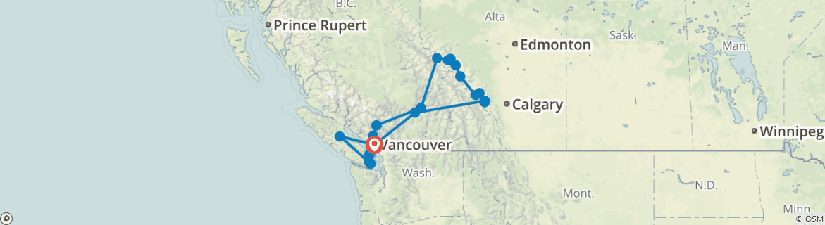 Image of a map showing the route of the tour