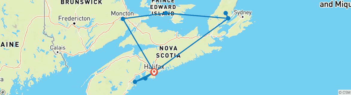 Image of a map showing the route of the tour