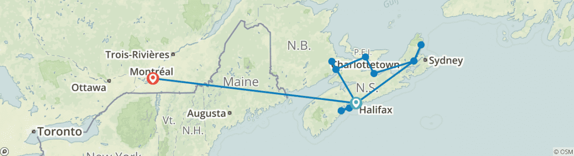 Image of a map showing the route of the tour