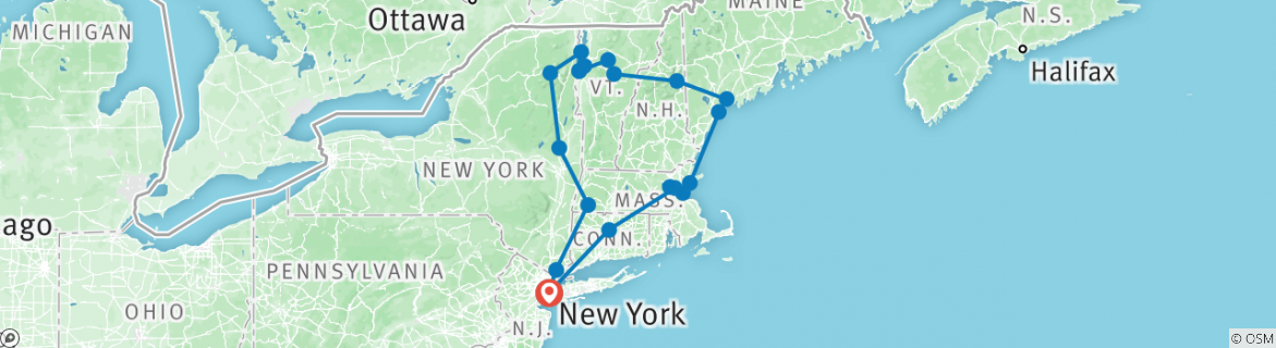 Image of a map showing the route of the tour