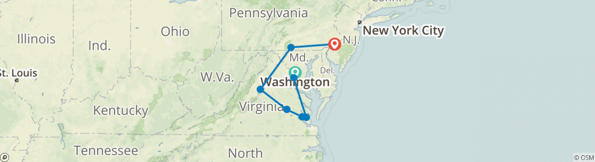 Image of a map showing the route of the tour