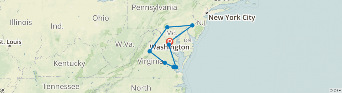 Image of a map showing the route of the tour