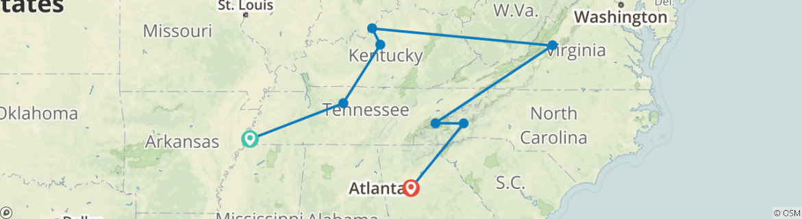 Image of a map showing the route of the tour