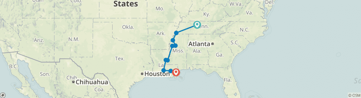 Image of a map showing the route of the tour