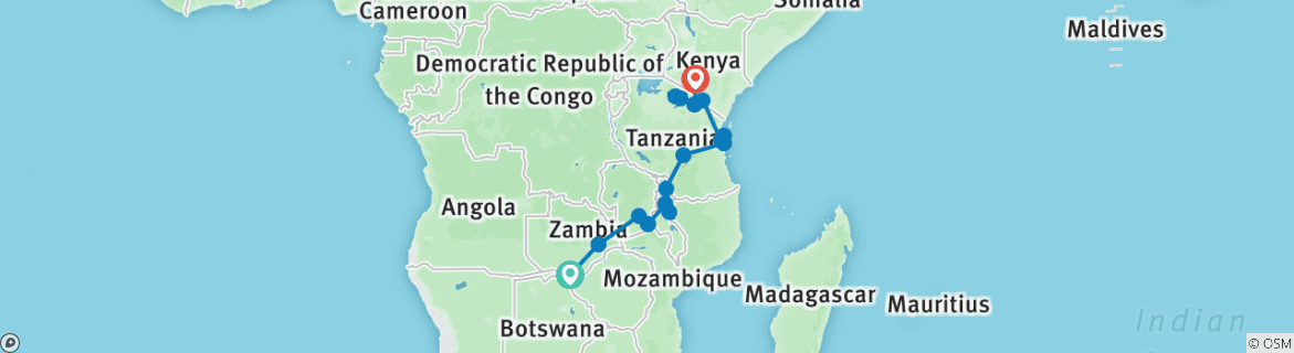 Image of a map showing the route of the tour