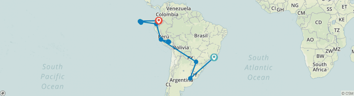 Image of a map showing the route of the tour