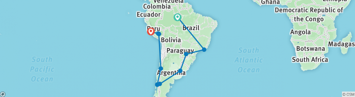 Image of a map showing the route of the tour