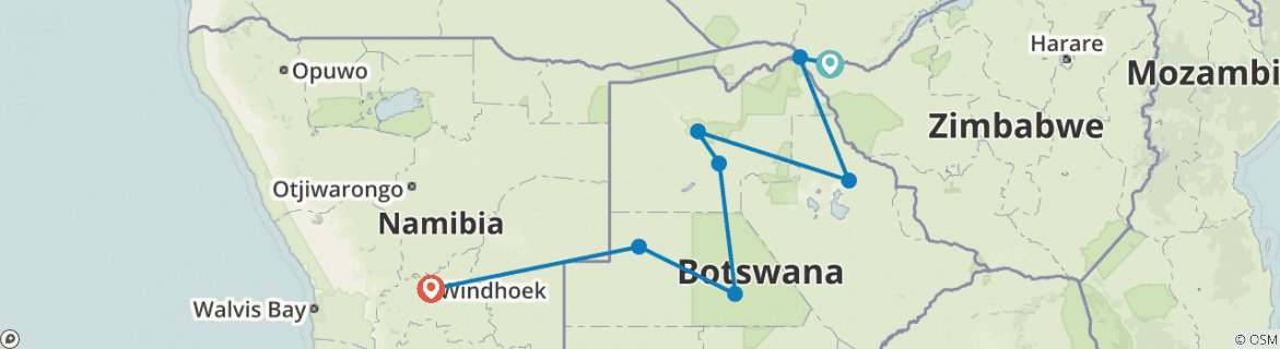 Image of a map showing the route of the tour