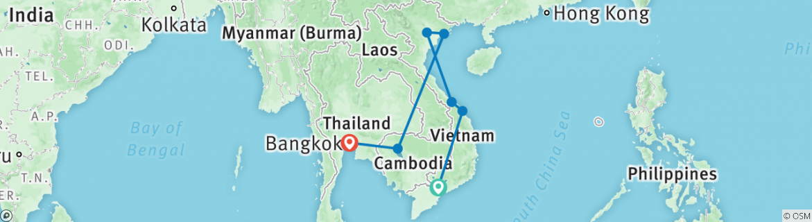 Image of a map showing the route of the tour