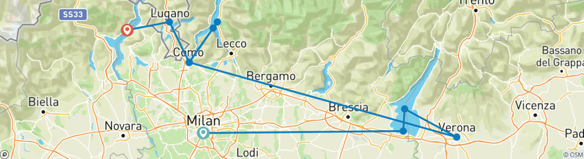 Image of a map showing the route of the tour