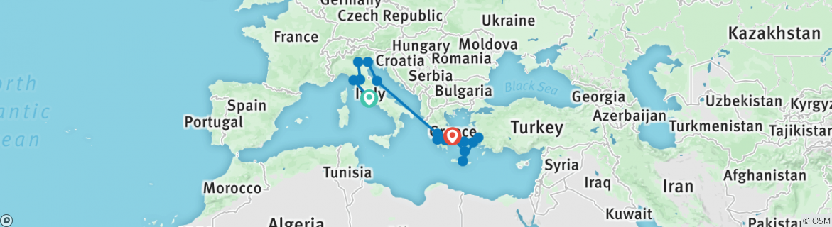 Image of a map showing the route of the tour