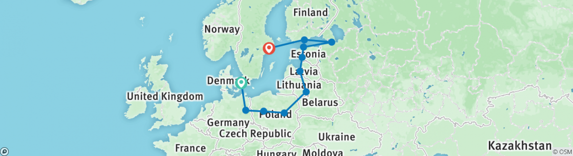 Image of a map showing the route of the tour