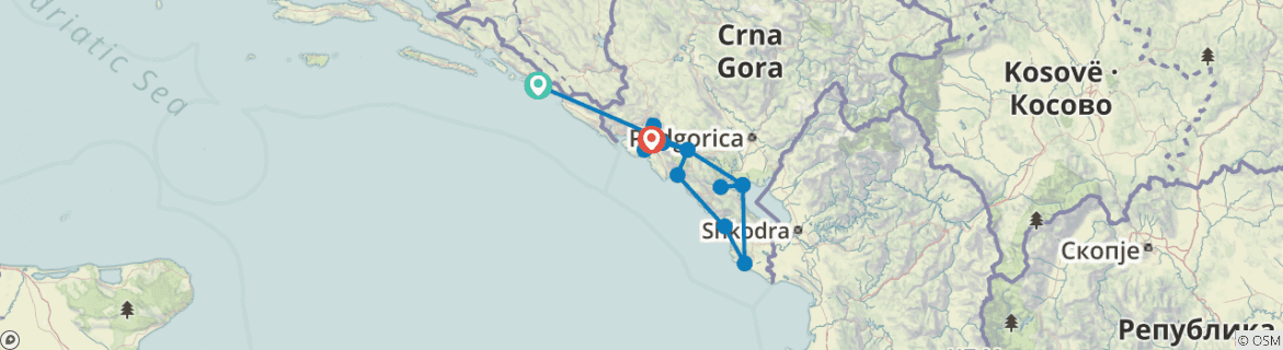 Image of a map showing the route of the tour
