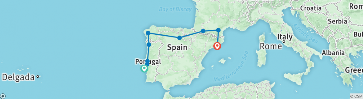 Image of a map showing the route of the tour
