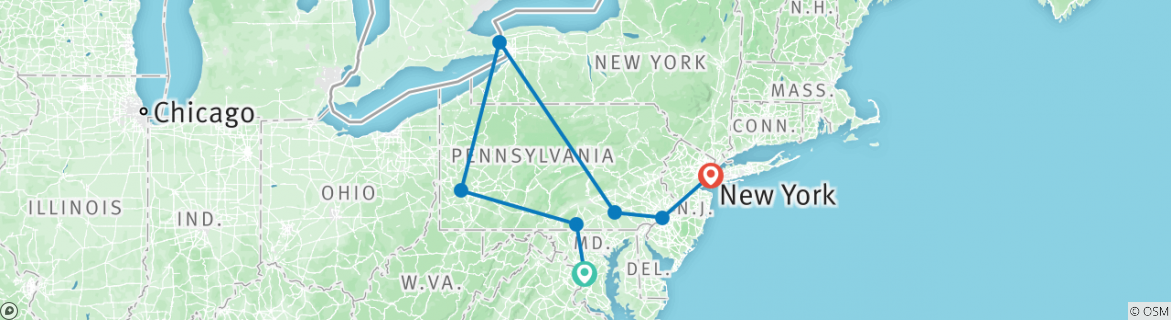 Image of a map showing the route of the tour