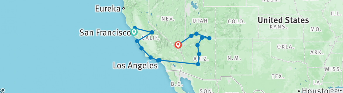 Image of a map showing the route of the tour