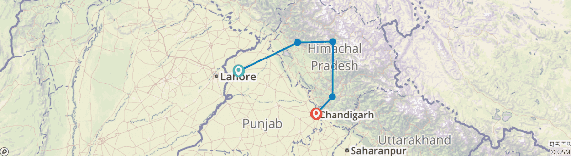Image of a map showing the route of the tour