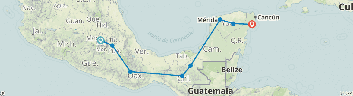 Image of a map showing the route of the tour