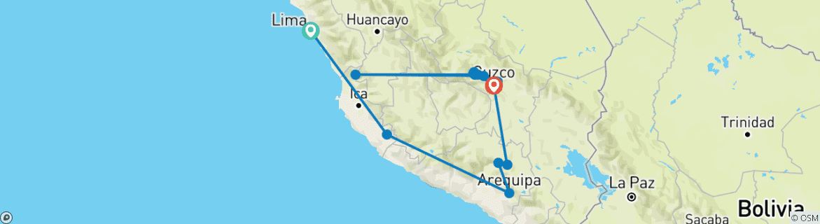Carte du circuit Pérou - Villes antiques et les Andes