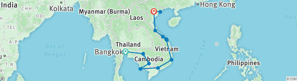 Image of a map showing the route of the tour
