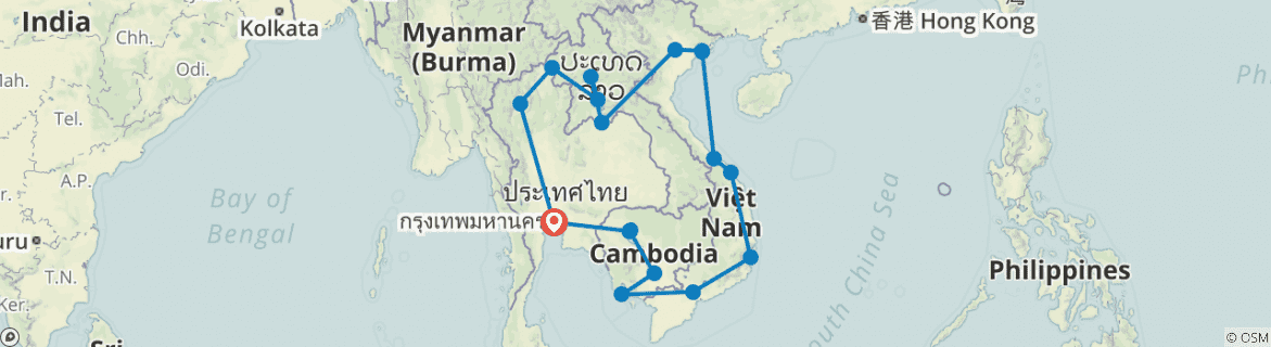 Image of a map showing the route of the tour