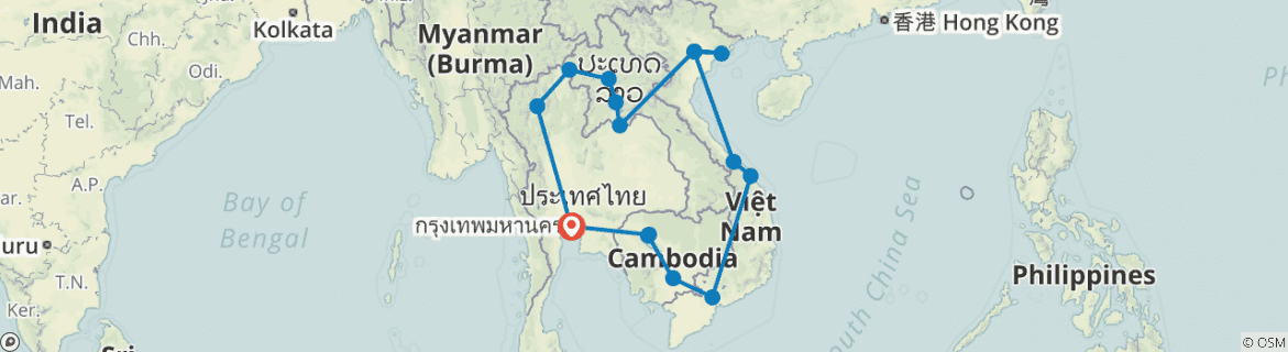 Image of a map showing the route of the tour