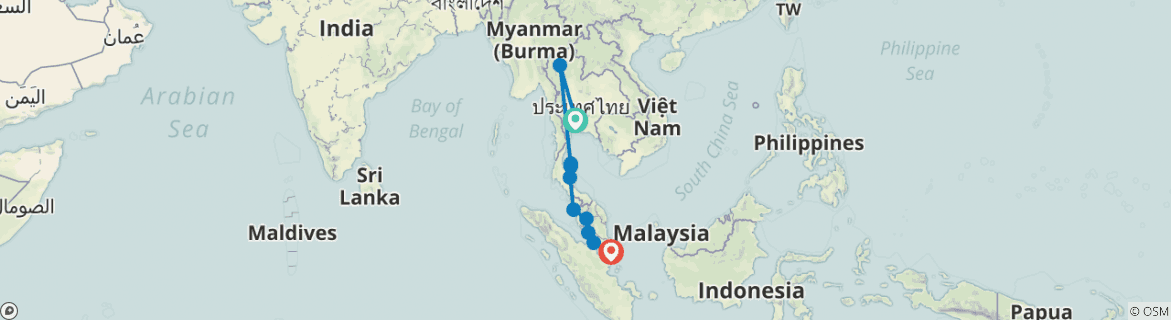 Image of a map showing the route of the tour
