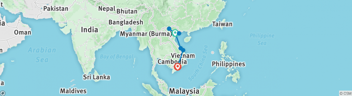 Image of a map showing the route of the tour